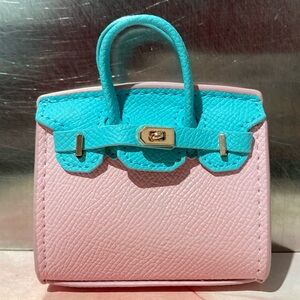👜 Handmade Mini Blue Pink Faux Leather Birkin AirPods Tote Bag Charm Miniature